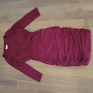 Leota long sleeve red ruched‎ skirt midi dress suplice neckline medium